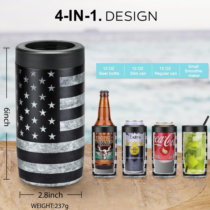 ITSLIFE 4-in-1 Slim Can Cooler Easy to Hold Insulated Beer Can Holder Double-walled Stainless Steel for All 12 Oz Cans Gift (Black America Flag 2) - Image 4
